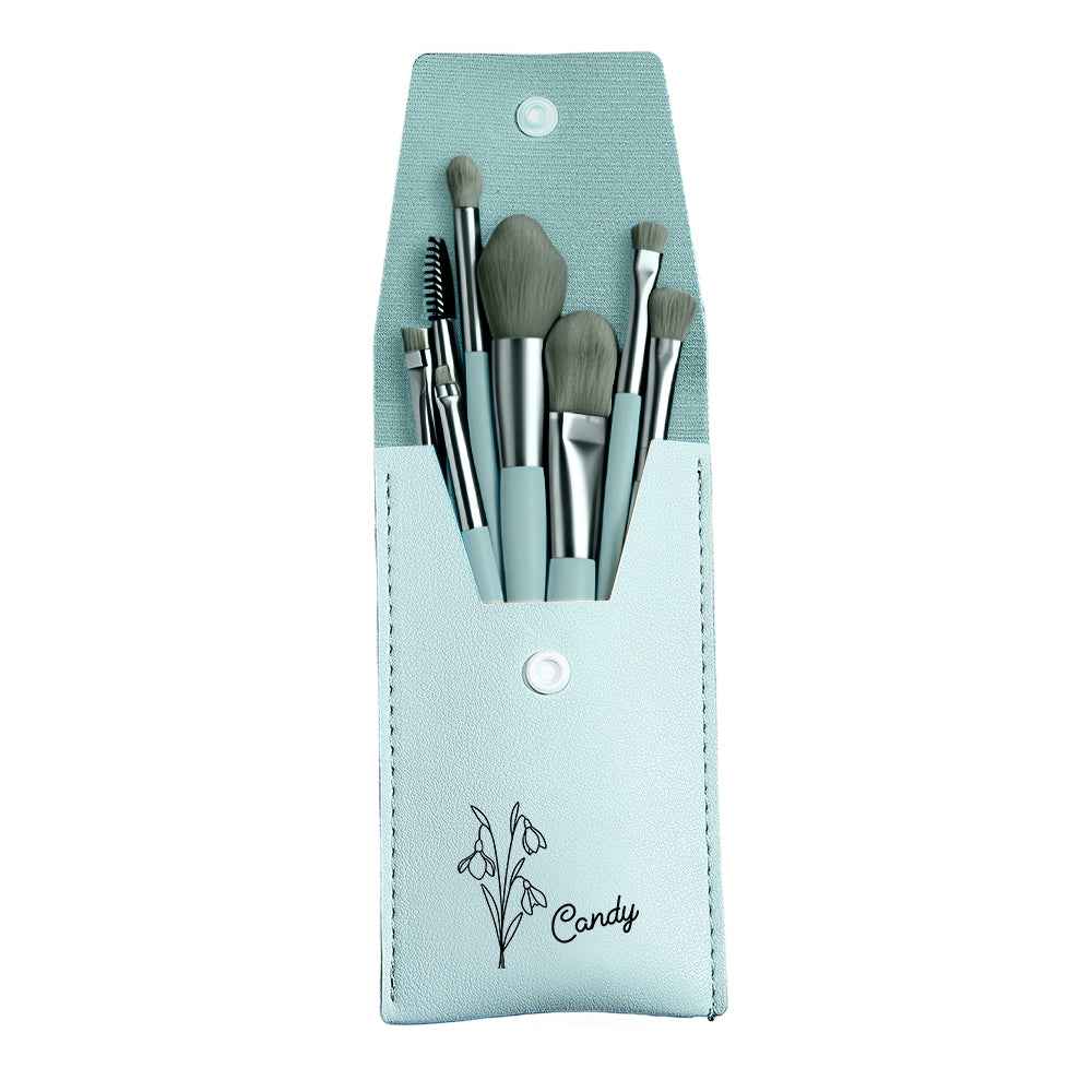 Personalized makeup brush set with bag in light blue featuring various brush types and custom name Candy