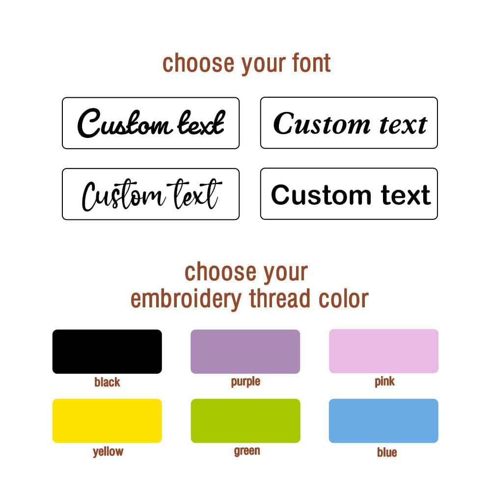 Embroidery customisation options showing four font styles and six thread colours for a personalised bunny rabbit toy