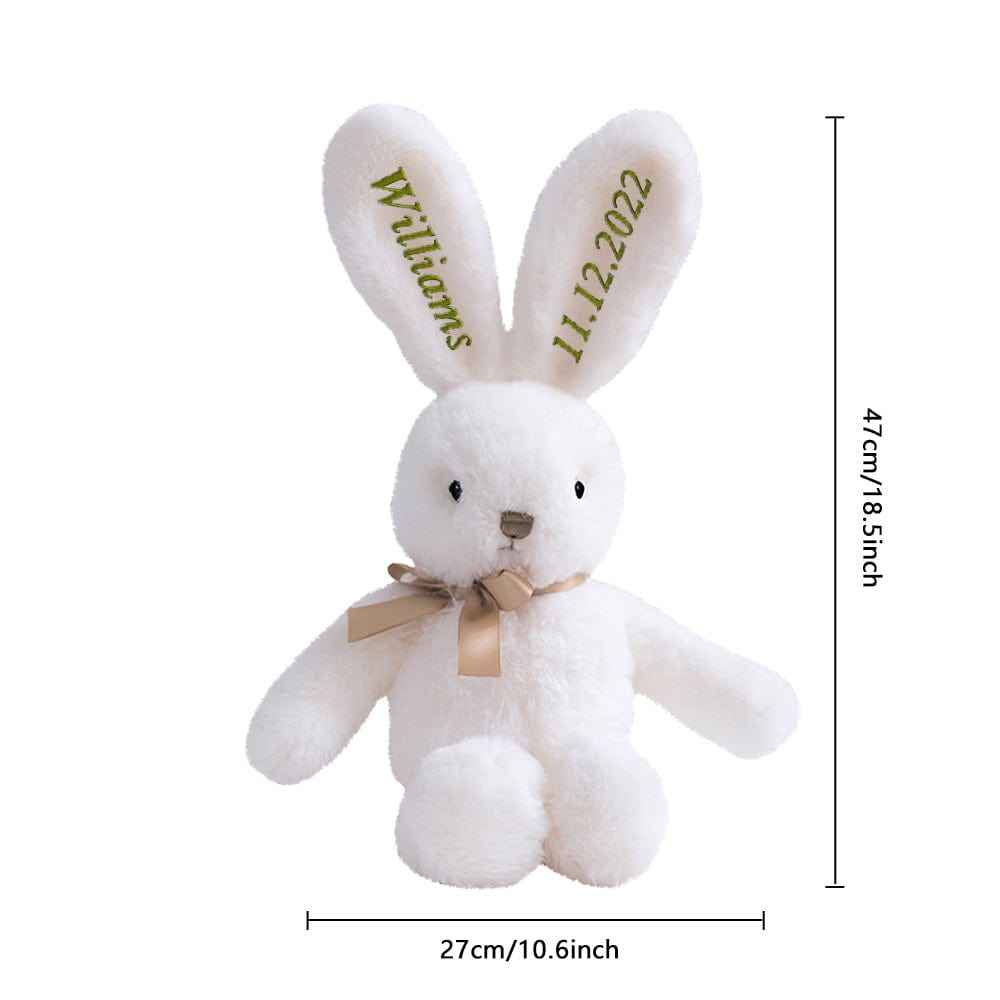 MadeMine personalised bunny rabbit toy white plush with embroidered name and date on ears 47cm tall