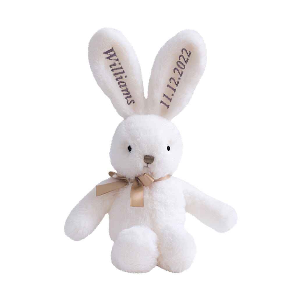 MadeMine personalised bunny rabbit toy white plush with embroidered name and date on ears and ribbon bow