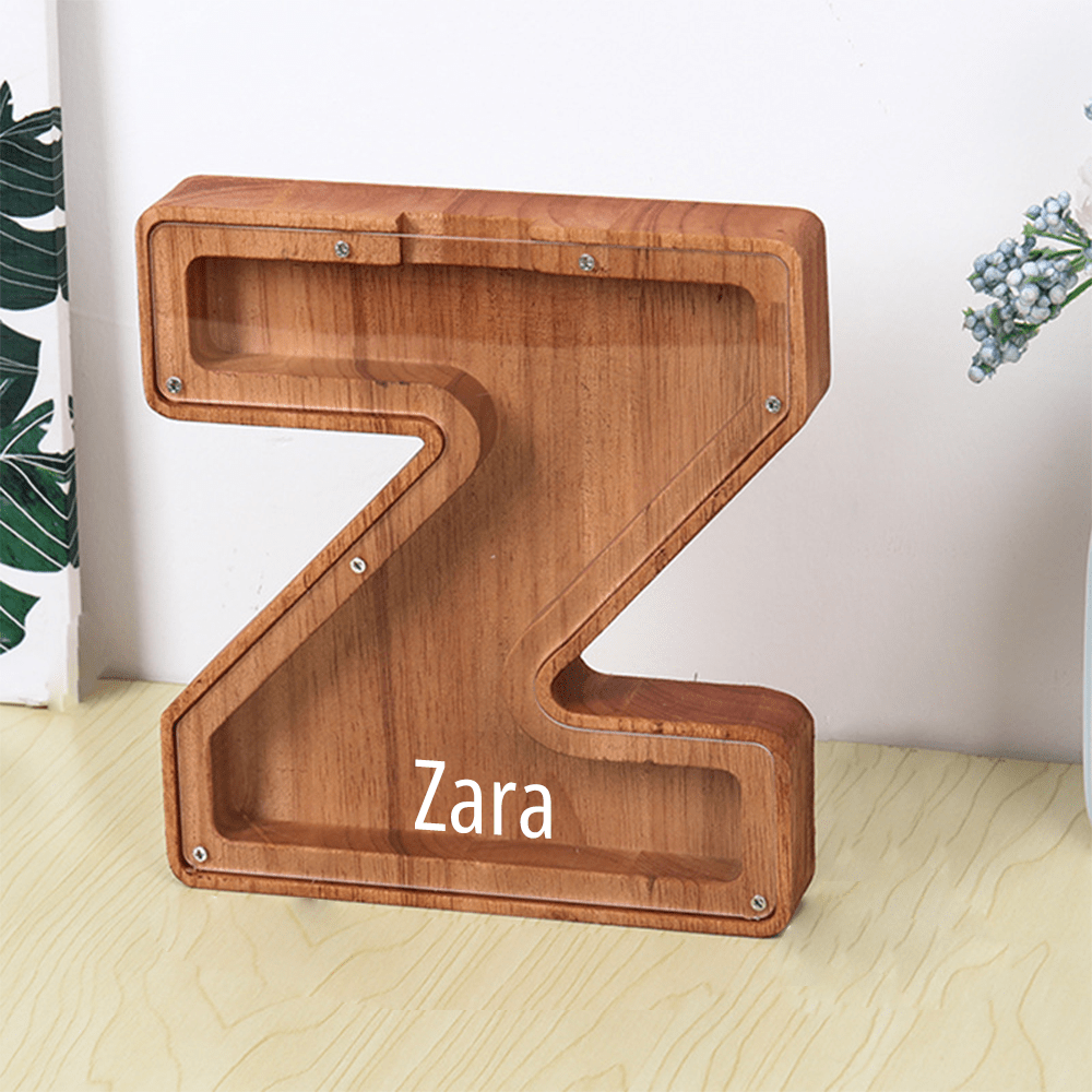 Custom Name Letter Piggy Bank Wooden Engraved Money Box Kids Christmas Gifts - Brown / Z