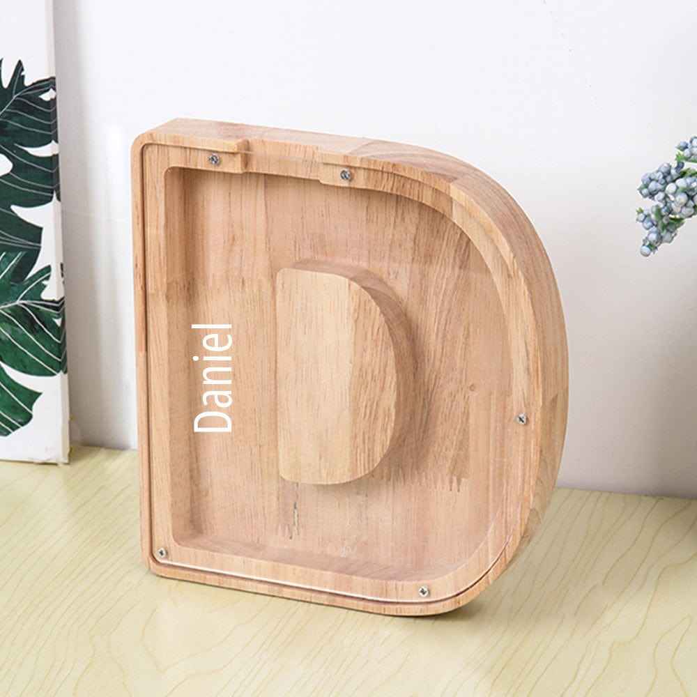 Custom Name Letter Piggy Bank Wooden Engraved Money Box Kids Christmas Gifts