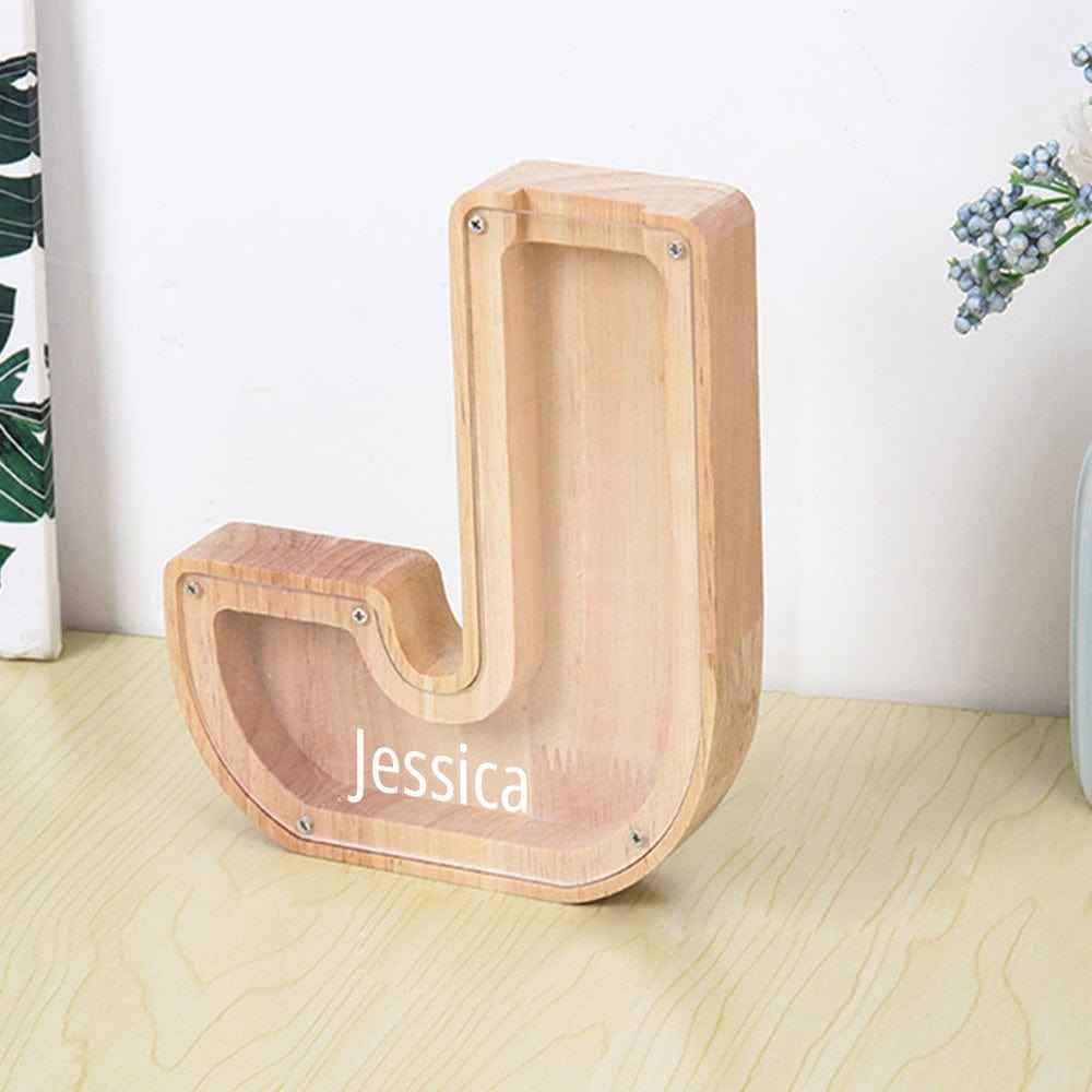 Custom Name Letter Piggy Bank Wooden Engraved Money Box Kids Christmas Gifts