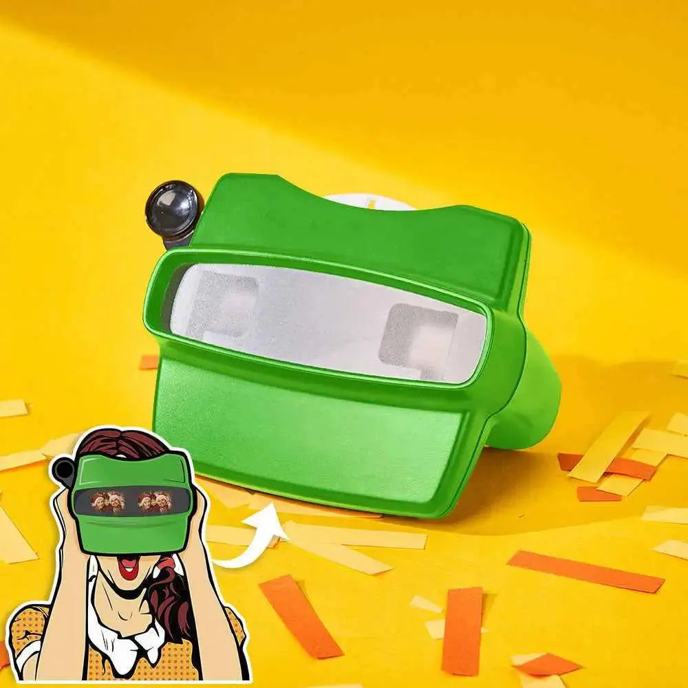 Green personalized photo viewer with reel on yellow background and cartoon hands holding it