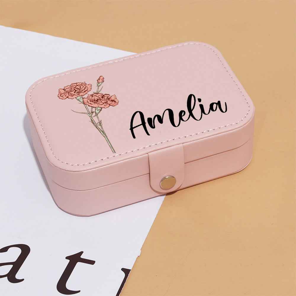MadeMine custom leather travel jewellery case blush pink with floral illustration and Amelia name