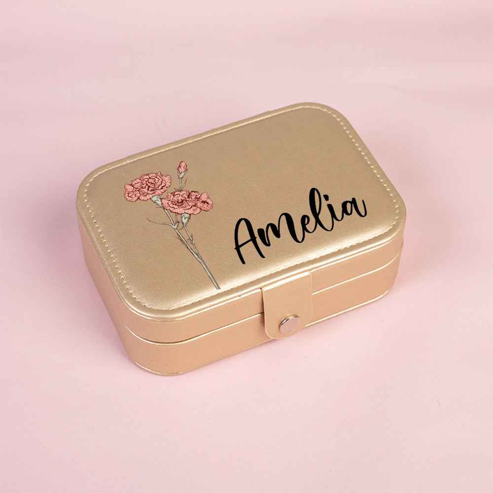 MadeMine custom leather travel jewellery case gold personalised with Amelia name and pink carnation design