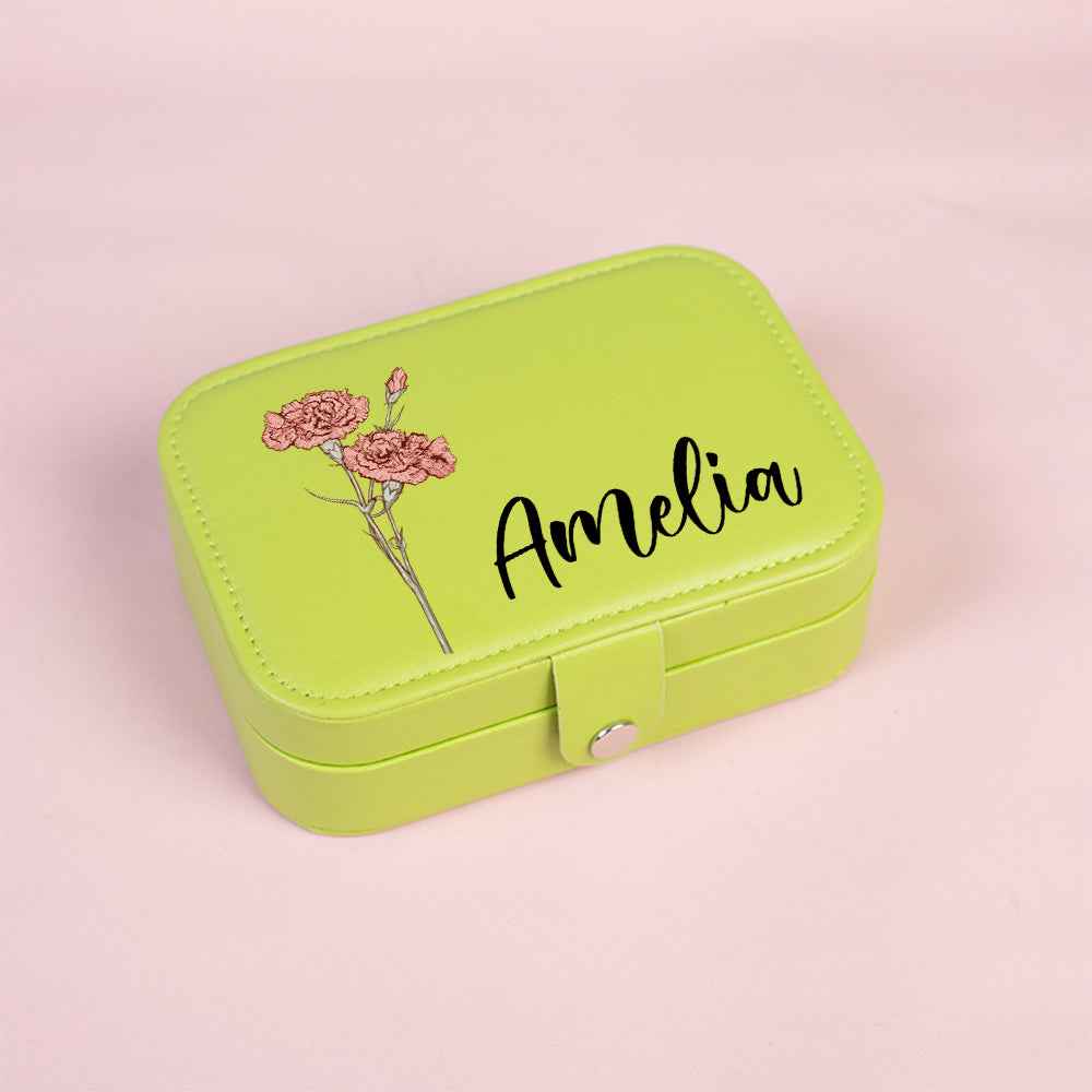 MadeMine lime green personalised custom leather travel jewellery case with pink floral print and name Amelia
