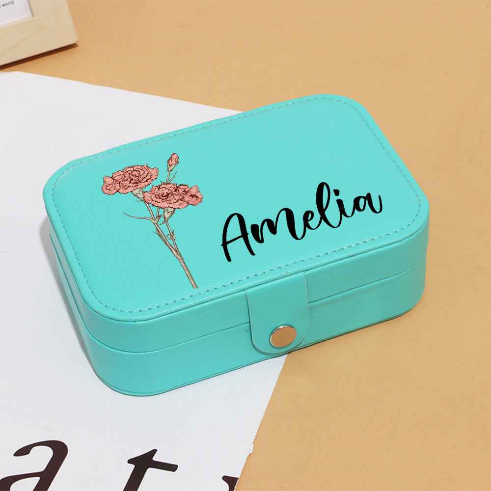 MadeMine personalised turquoise jewellery box with Amelia name and floral print custom leather travel jewellery case