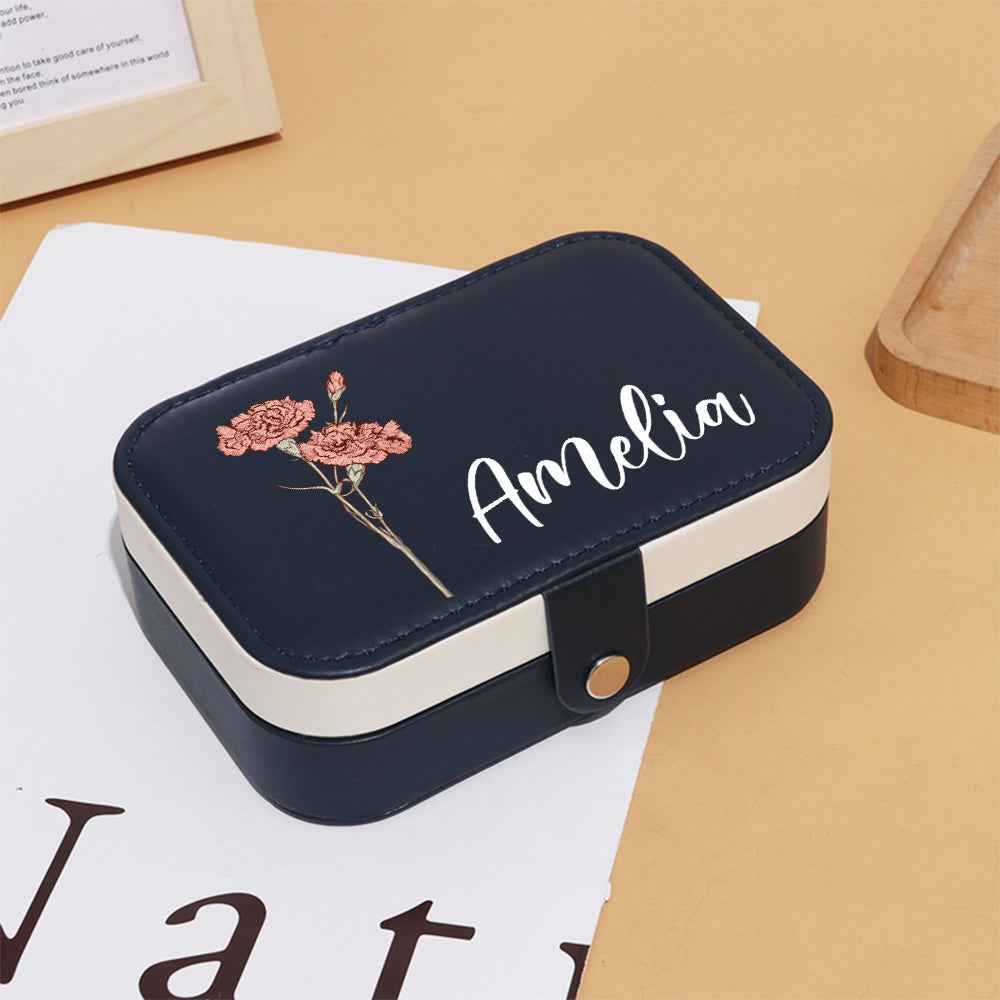 custom leather travel jewellery case navy with cream trim personalised Amelia and floral print for travel
