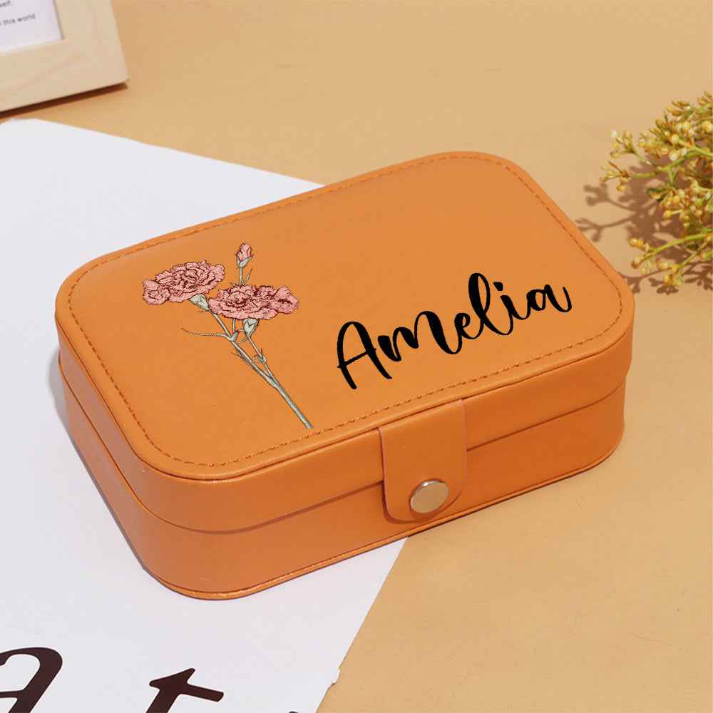 Tan personalised custom leather travel jewellery case with Amelia name and pink carnation floral design and snap closure