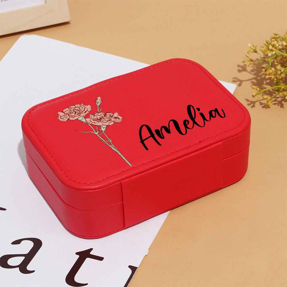 MadeMine personalised red custom leather travel jewellery case with floral print and Amelia name
