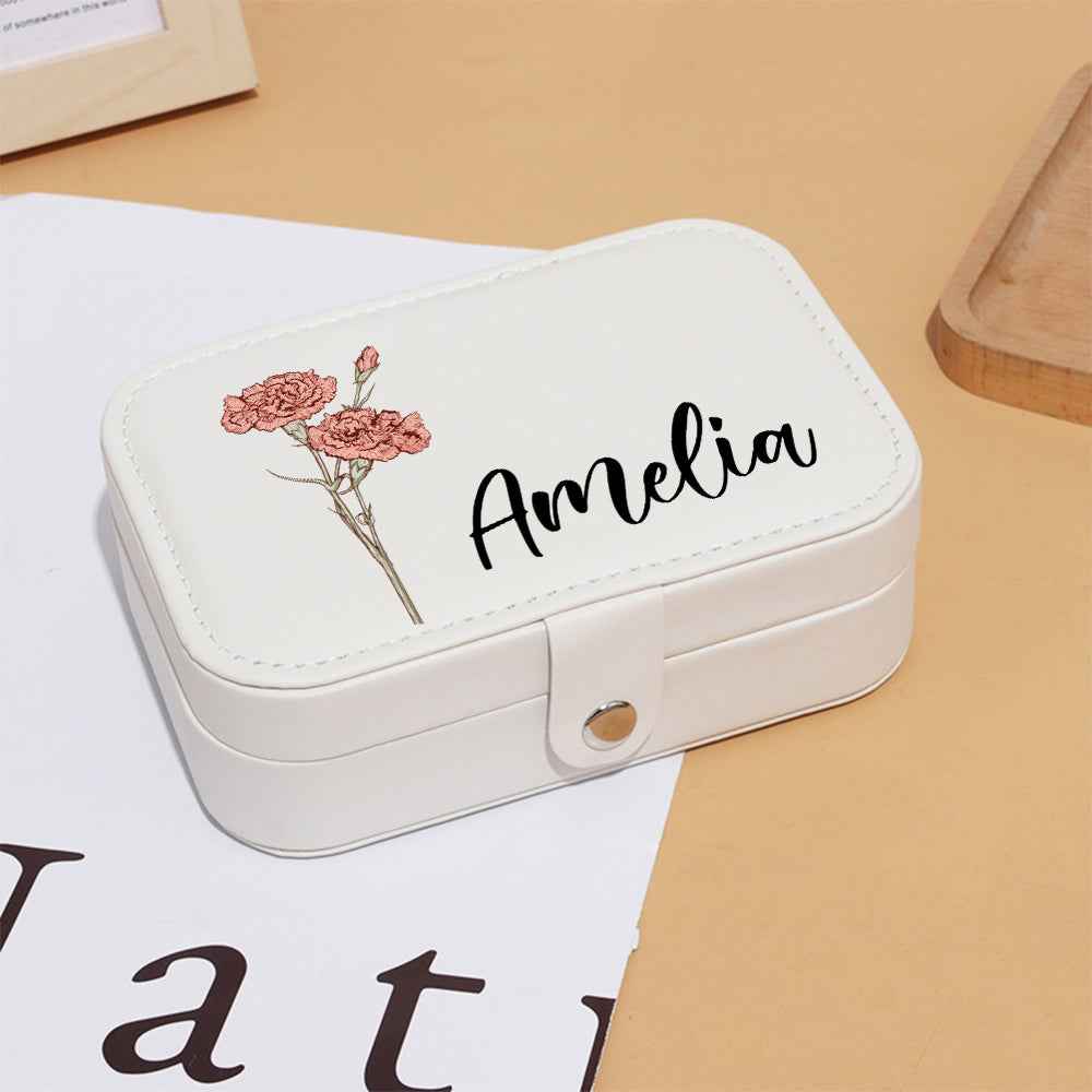 White personalised custom leather travel jewellery case with Amelia name and pink carnation design and snap closure
