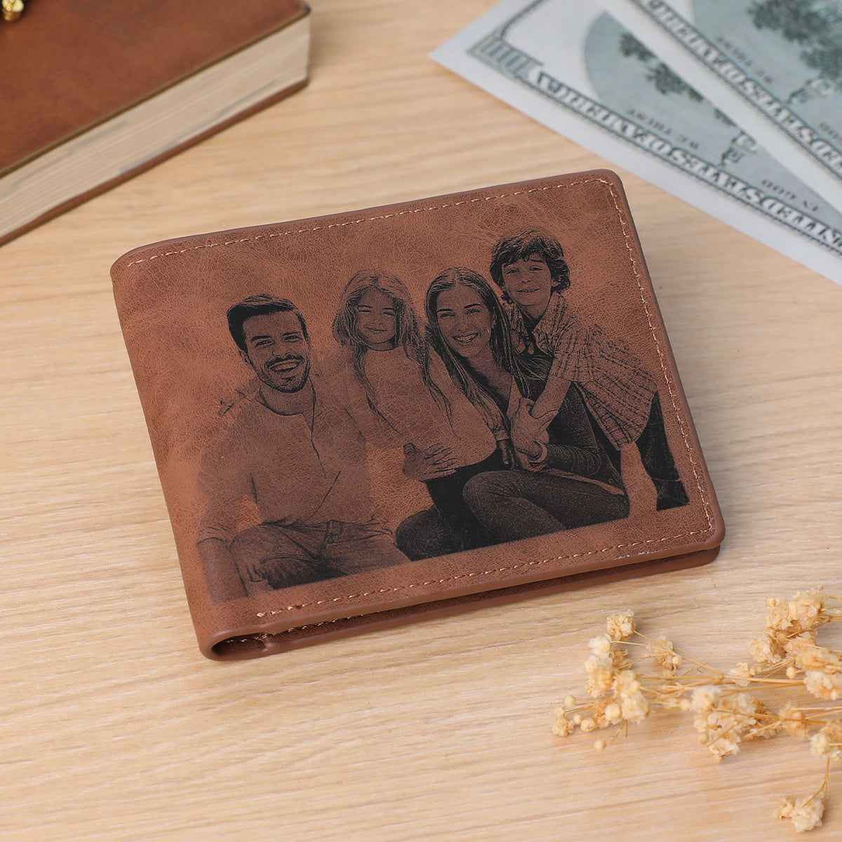 Brown personalised photo wallet for men by MadeMine with family photo engraved on leather