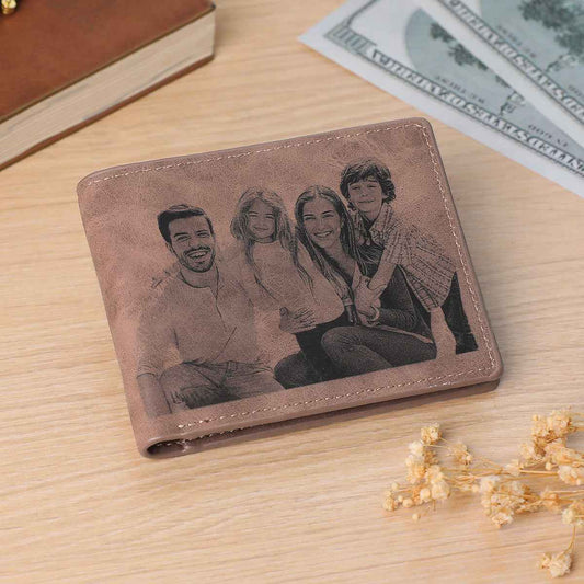 Brown personalised photo wallet for men by MadeMine featuring a family picture on a wooden surface