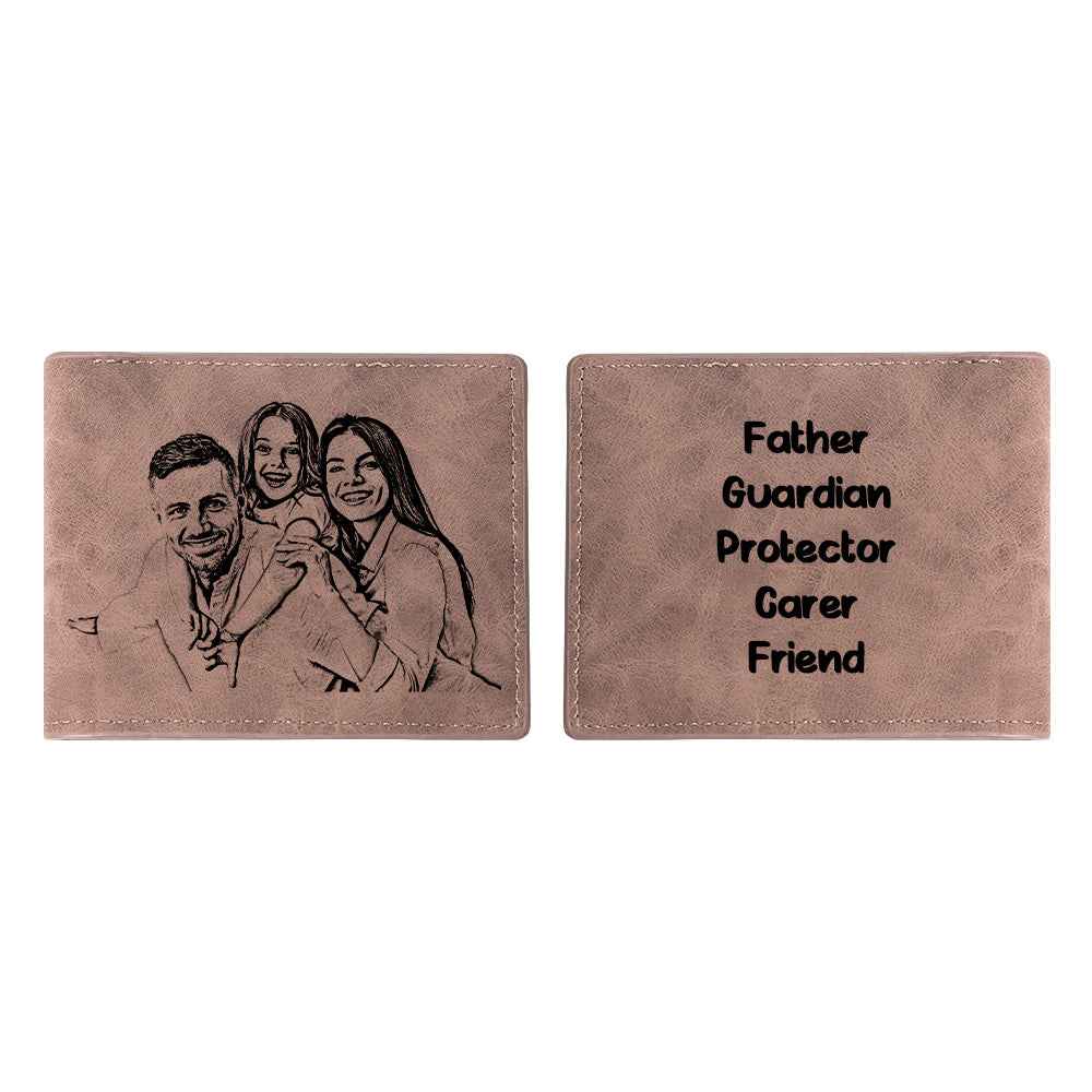 MadeMine personalised photo wallet for men featuring engraved family photo and protective role words