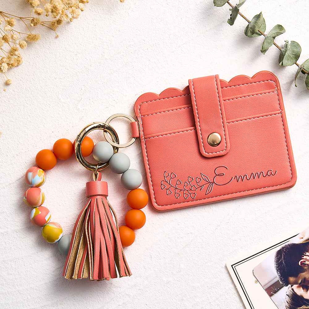 MadeMine personalized birth flower wallet in coral pink with tassel and beaded keyring accessory