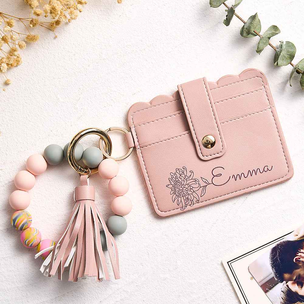 Pink personalized birth flower wallet with name Emma and keychain tassel and beads accessory