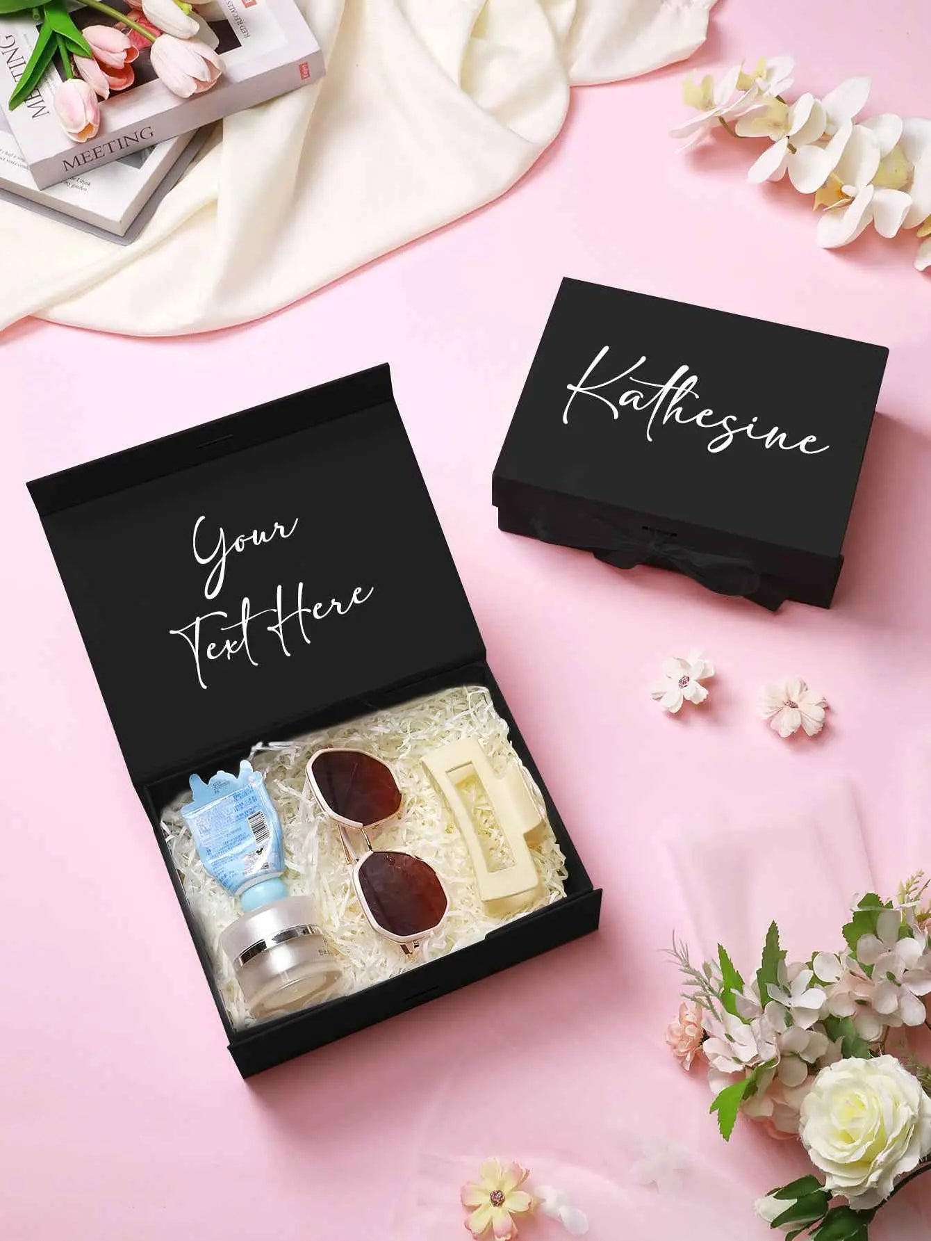 Personalized bridesmaid proposal box by MadeMine black box with custom name and gifts inside