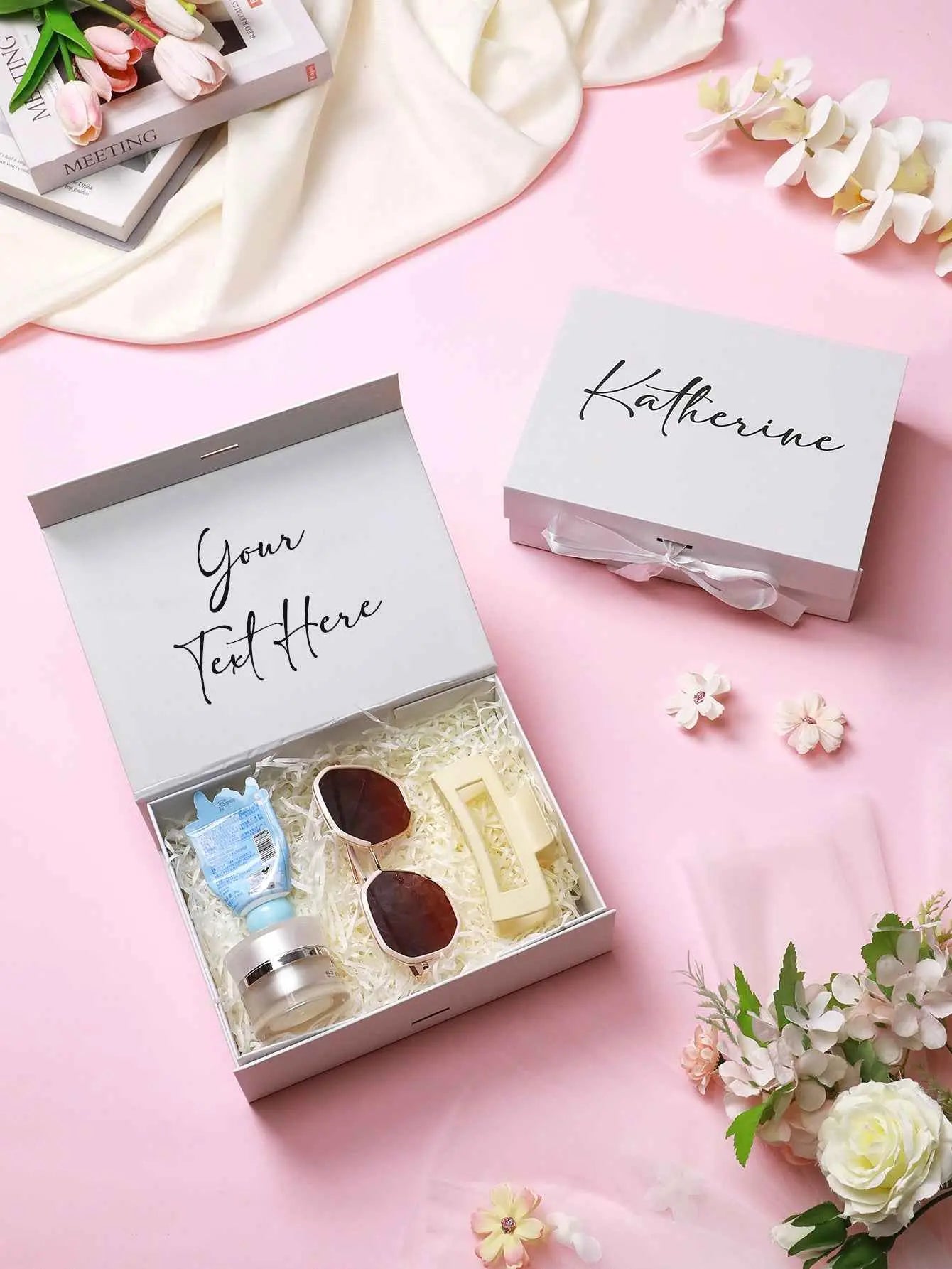 Personalized bridesmaid proposal box with custom name, sunglasses, lotion, and keepsake on pink background
