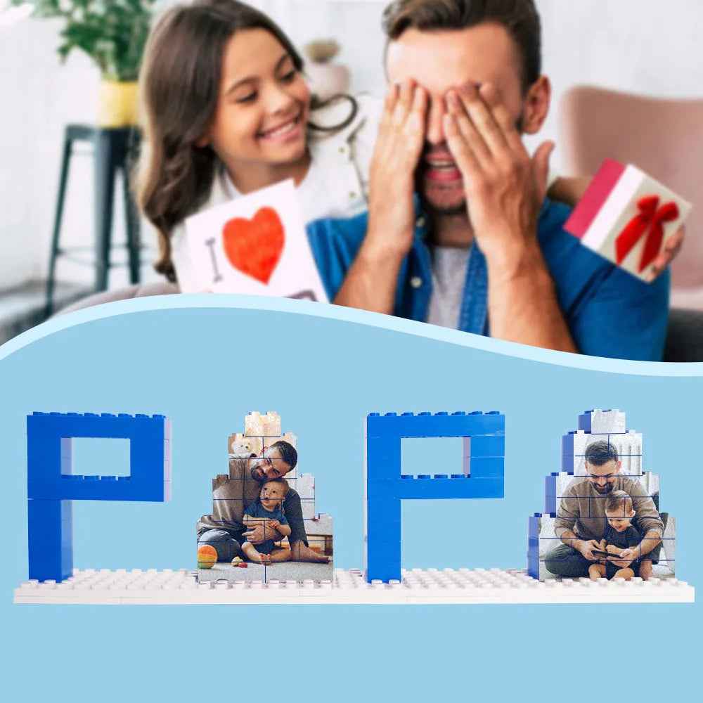 MadeMine personalized dad photo puzzle featuring custom photo blocks spelling PAPA for a unique gift