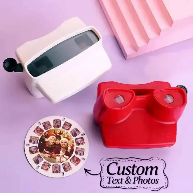 MadeMine personalized photo viewer with reel in white and red with custom text and photos option