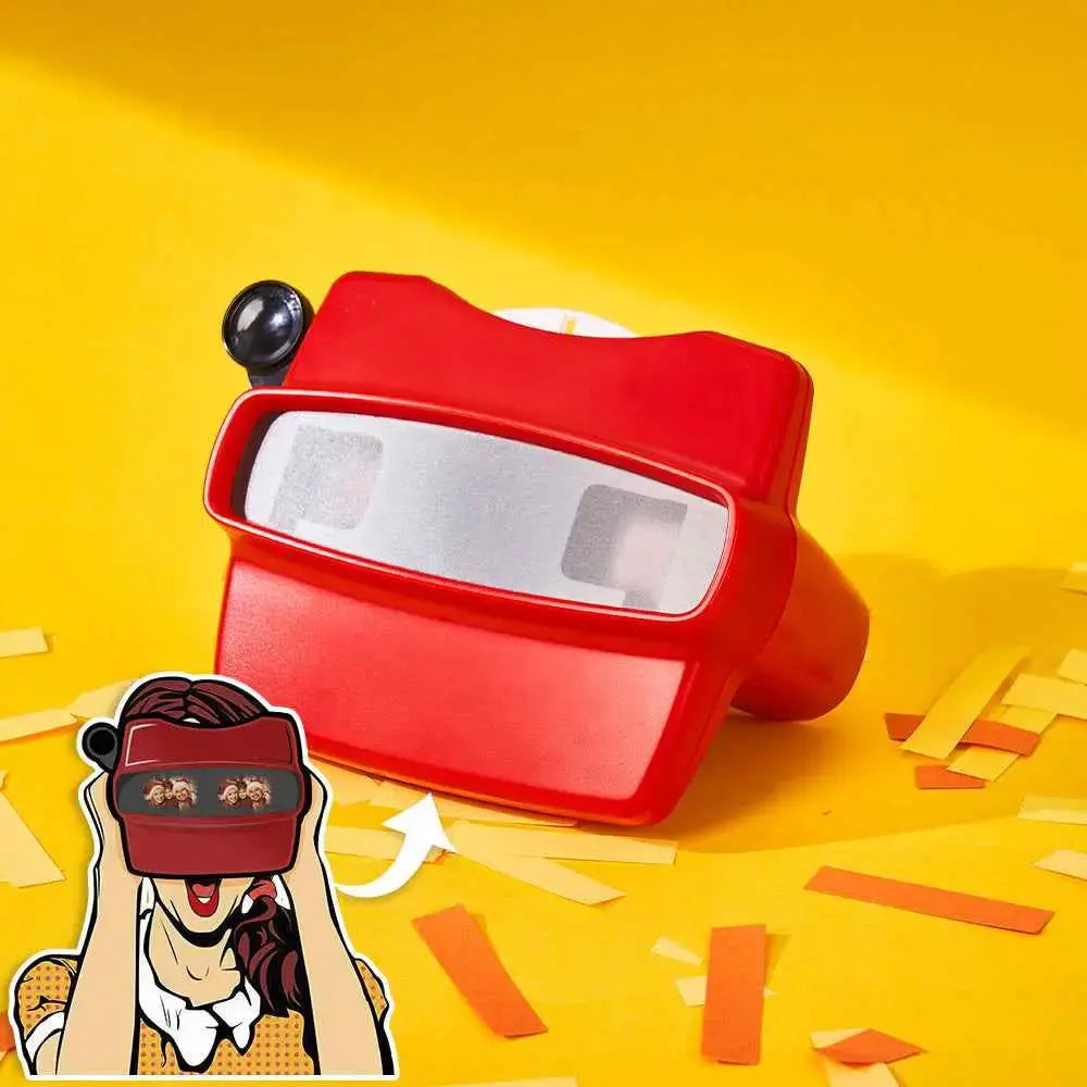 Red personalized photo viewer with reel on yellow background showing vintage style design