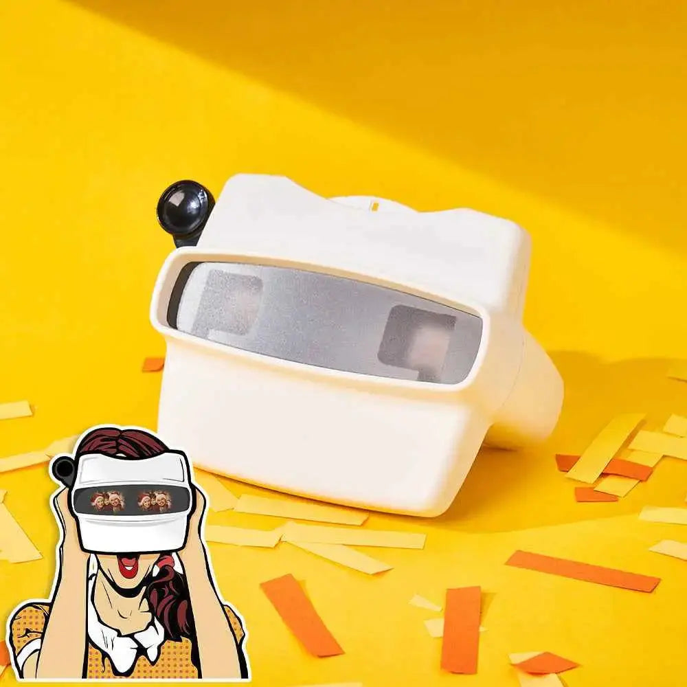 MadeMine personalized photo viewer with reel in white on yellow background with cartoon illustration