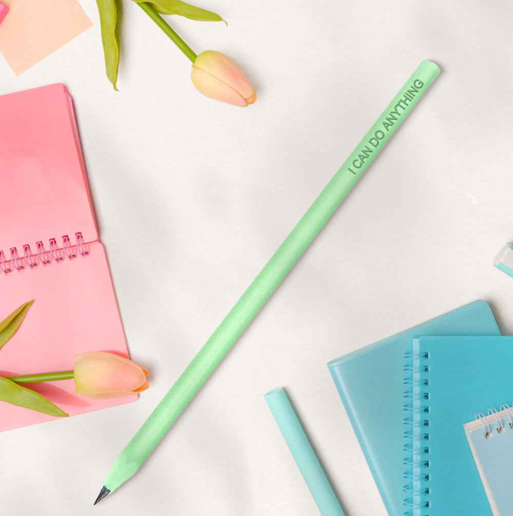 MadeMine mint green pencil with I CAN DO ANYTHING printed beside pink and blue notebooks personalised pencils for school