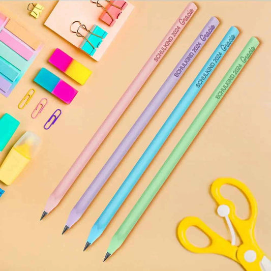 MadeMine pastel wooden personalised pencils for school with custom name print in soft mint blue pink and lilac