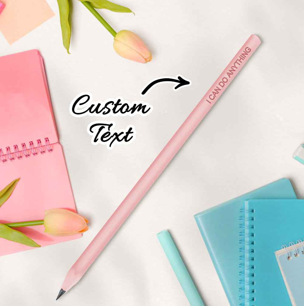 MadeMine pink custom pencil with I CAN DO ANYTHING text among notebooks and tulips personalised pencils for school