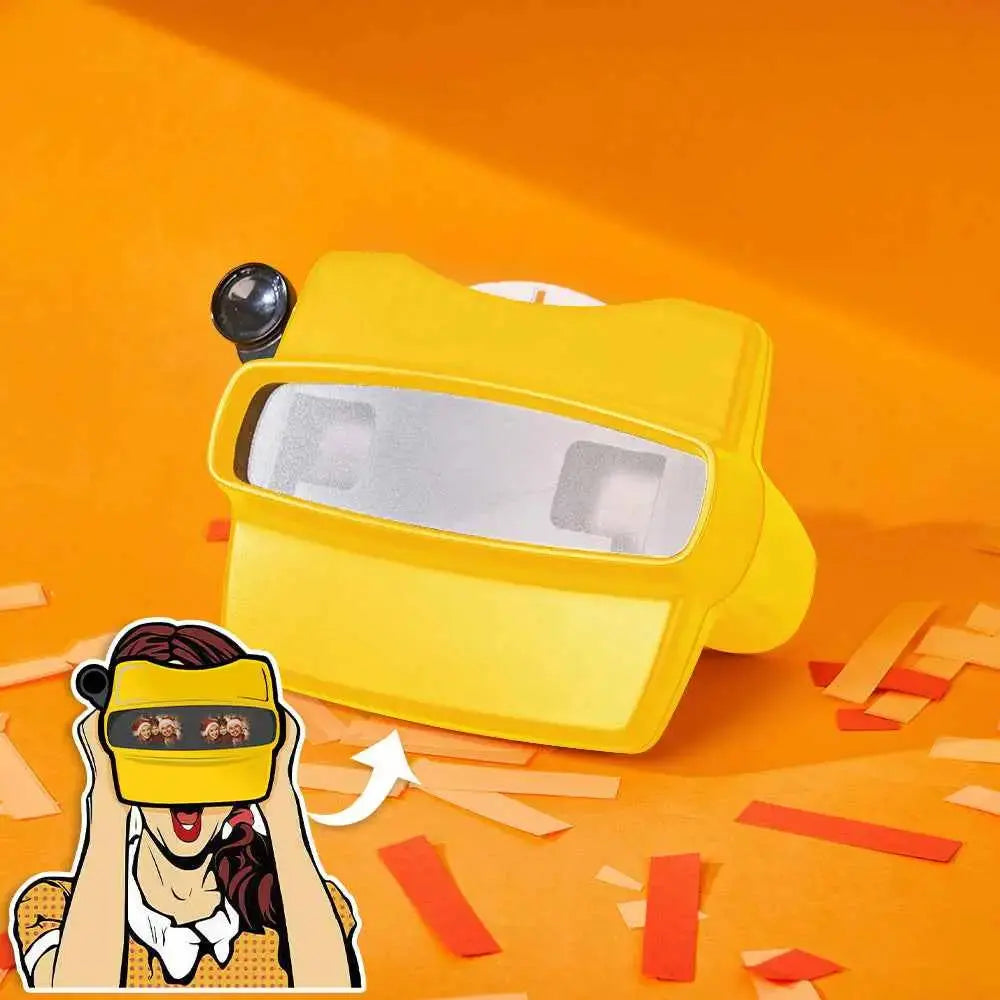 MadeMine yellow personalized photo viewer with reel on orange background with illustrated usage